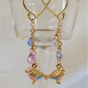 Pink Baby Bird-Gemstone-Gold Earrings